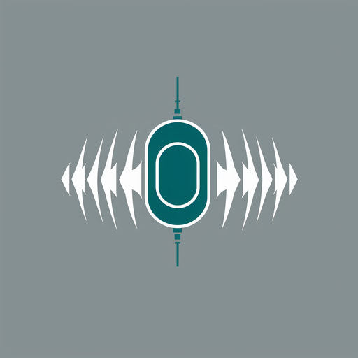 Audio logo in teal and white with a minimalist gray background