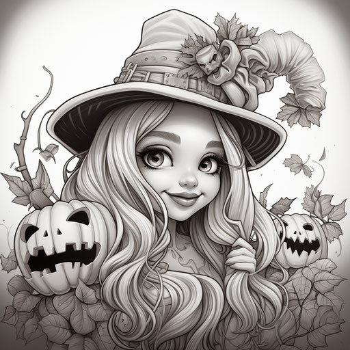 A black and white coloring book with a cute girl in her hat with pumpkins, in the style of goblincore, pretty, I can't believe how beautiful this is, kawaii, sculpted, caricature-like, commission for