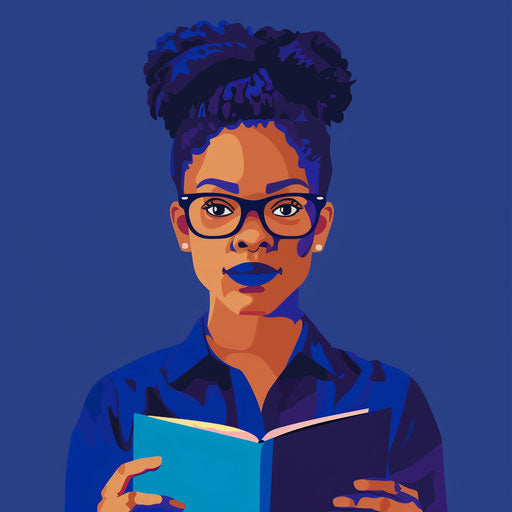 Teacher teaching on flat royal blue background