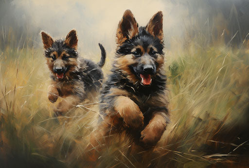 German shepherd puppies running in a field, dynamic balanced vibrations