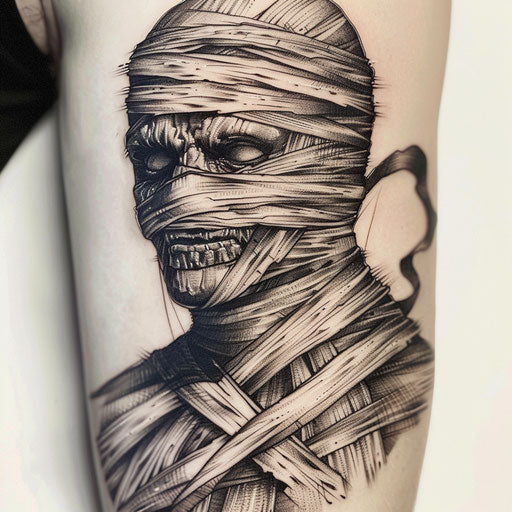 Frightening mummy unwrapping its bandages, horror-inspired tattoo on a bright white canvas