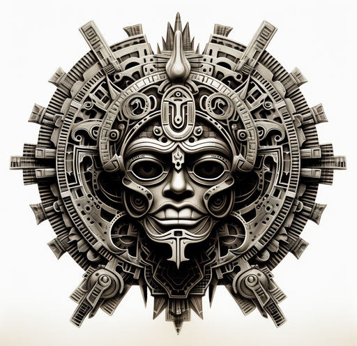 Egyptian symbol or triglyph, Mexican folklore-inspired style, Tongan art, solarizing master, circular shapes, Thomas Nast, celestialpunk, logo 28:27