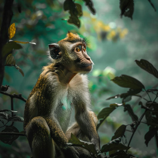 Rhesus monkey in a vibrant green forest setting