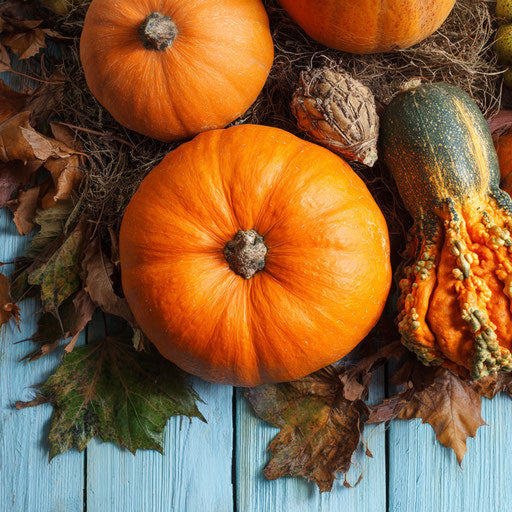 A rustic arrangement of pumpkins and gourds