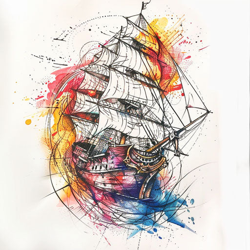 Tattoo sketch of pirate ship with vibrant colors