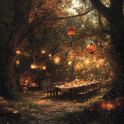 Thanksgiving harvest festival in a forest clearing