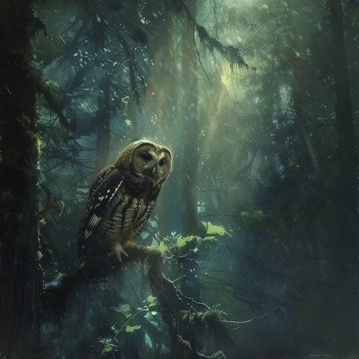 Northern spotted owl illuminated in rain-soaked forest