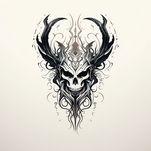 Tribal tattoo with feathers and skull, minimalist style