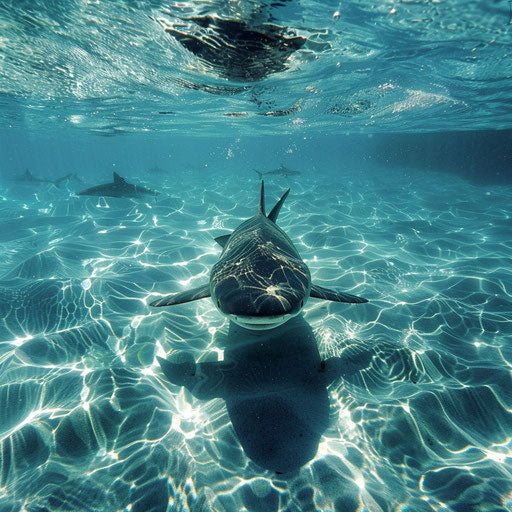 Bull shark gliding in crystal-clear waters under sunlight rays