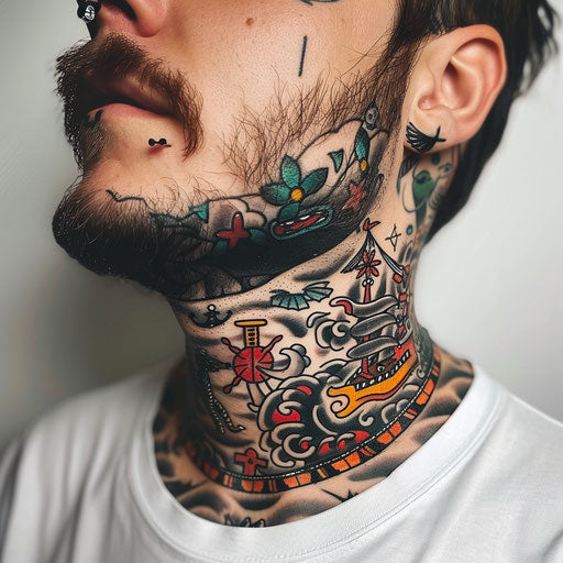 Throat tattoos with sailor motifs, Sailor Jerry style