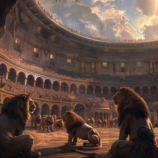 Historical scene of lions in the Colosseum with a gladiator theme