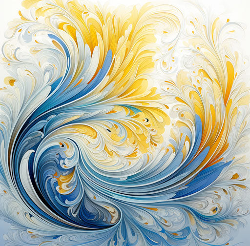 Blue and yellow bird wing in ornate calligraphy style