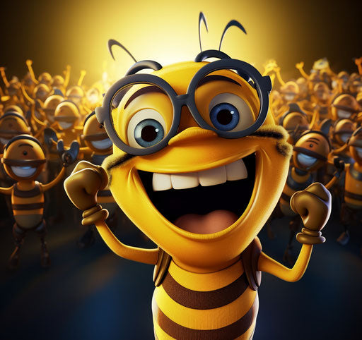 Cartoon bee with glasses in a group of people waving
