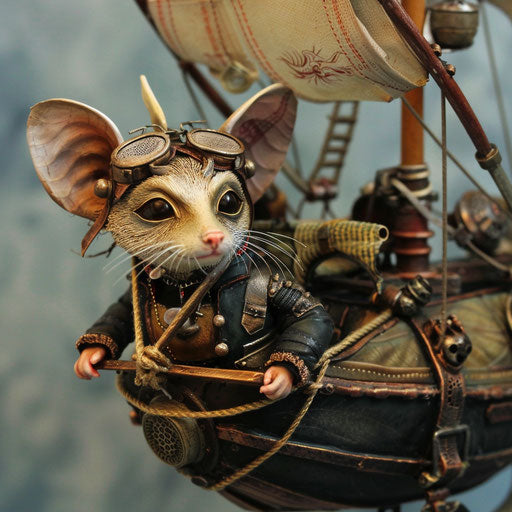 A steampunk sugar glider piloting a custom-built, miniature airship