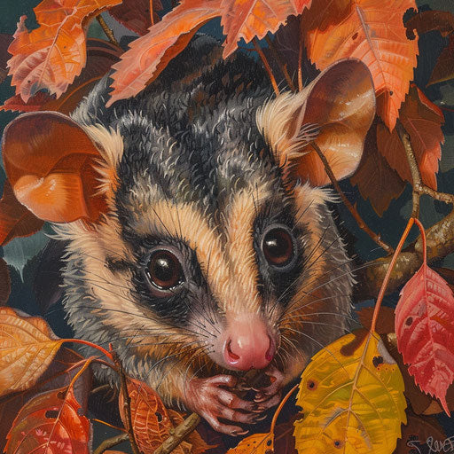 Curious white-tail possum among colorful autumn leaves