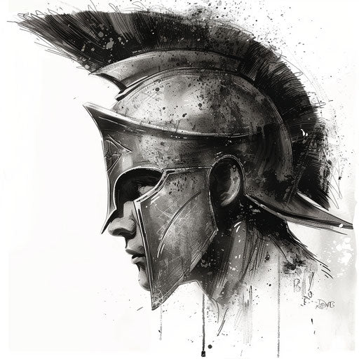 Half-helmet, half-human face of Spartan warrior in grayscale on white