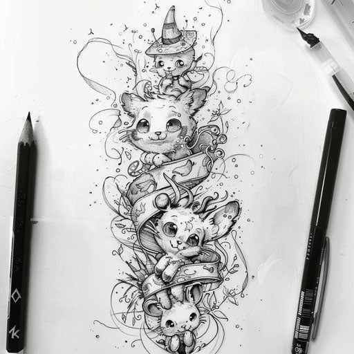 Whimsical ribbon tattoo sketch with playful characters and magical elements