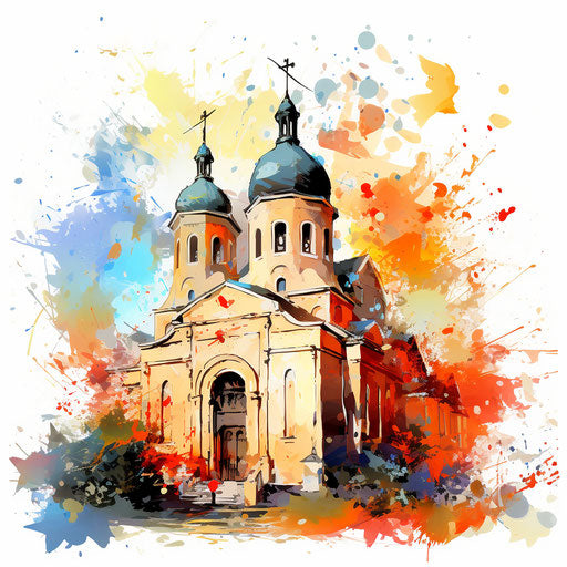 Church clipart in the style of Impressionistic Art, on white background