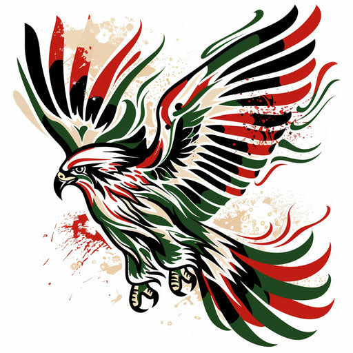 Dynamic flat tattoo sketch of a Mexican eagle soaring, clipart style with bold strokes in red, white, and green