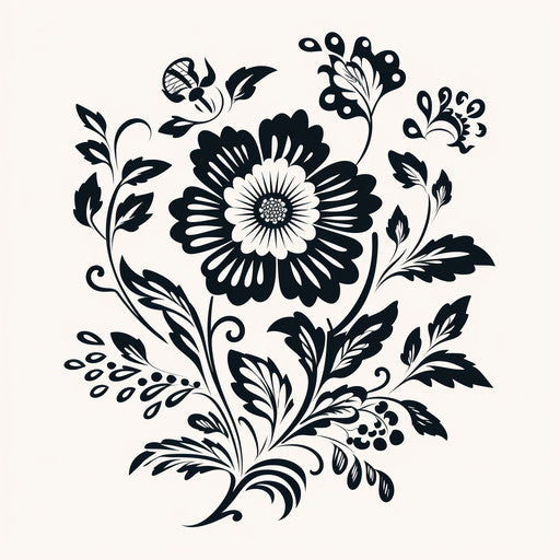 Black and white flower, eastern-inspired motifs, graceful balance