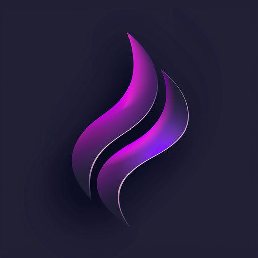 Neon logo with abstract shapes and clean design, purple and grey palette on dark background