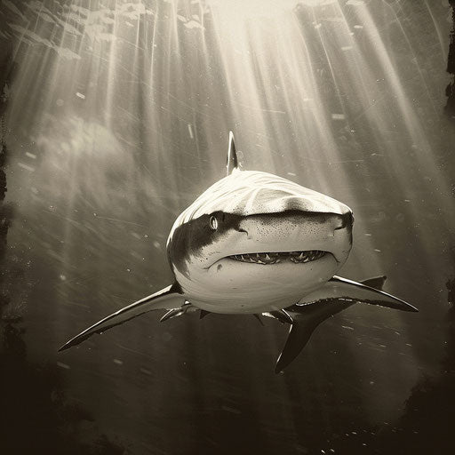 Bull shark in a tranquil sea with rays of sunlight penetrating the water