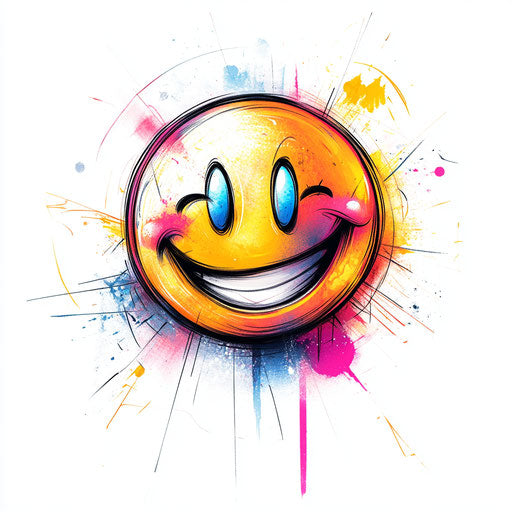 Flat tattoo sketch of smiley with gradient color fill, warm to cool tones on white background