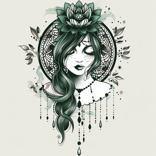Bohemian clipart style flat tattoo sketch for a girly tattoo with mandalas and earthy green tones