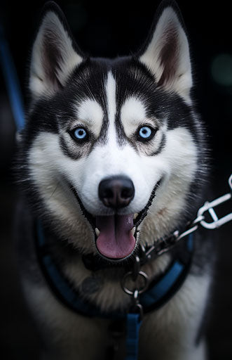 Smiling nordic dog in dark navy and light blue style