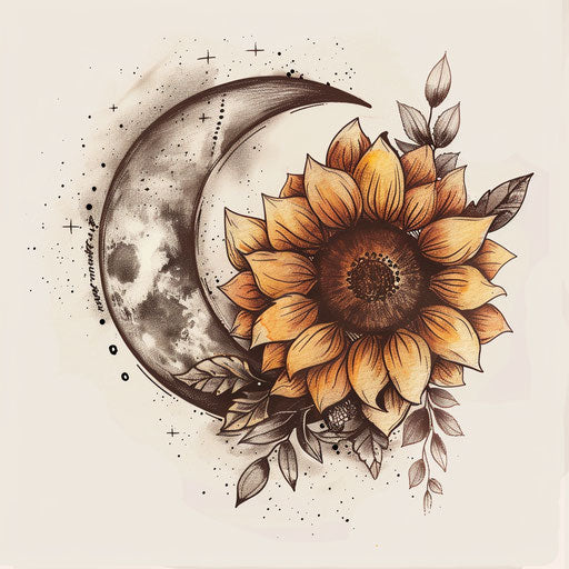 Rustic tattoo sketch of a sunflower and moon combination, earthy tones, clipart style
