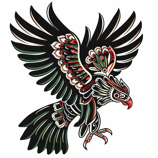 Flat tattoo design of a Mexican eagle with red and green accents