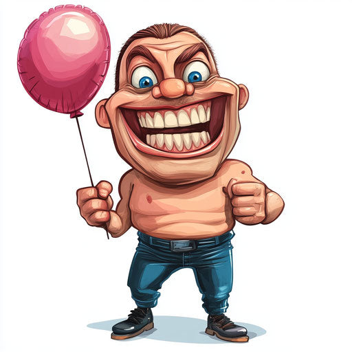 Humorous caricature of a communication caricature with human characteristics, exaggerated big teeth, muscular arms, holding a balloon, vibrant colors, cartoon style, laughing, high-resolution, no background, isolated