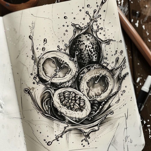 Dynamic sketch of jagua fruit falling into splashing pool