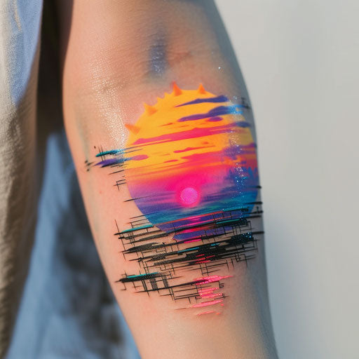Sunset tattoo with digital glitch & neon colors on white background