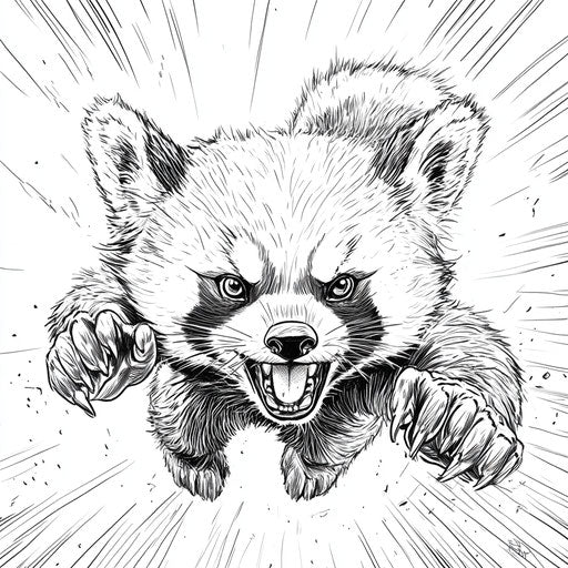 Red panda with heroic poses and dynamic shading, in the style of Mark Schultz, coloring book page