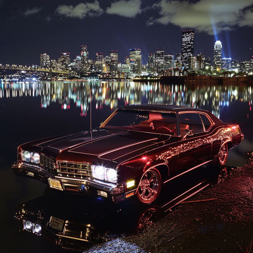 1976 Malibu Classic with a super sleek mirror finish, reflecting the surrounding cityscape at night.