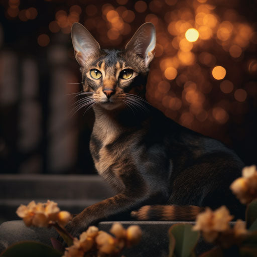 Siamese cat laying outside at night