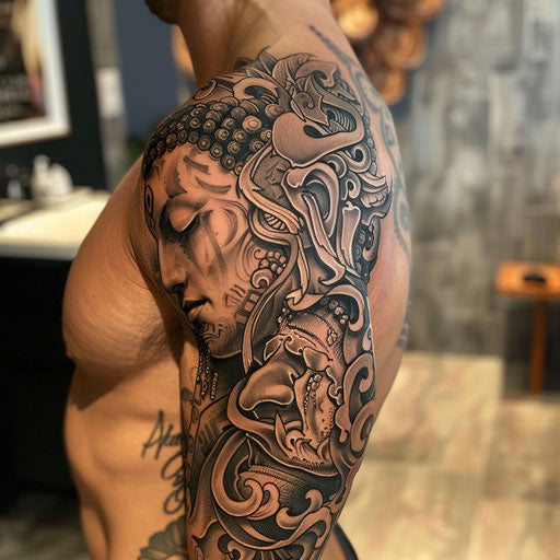 God tattoo with tribal elements, Ami James style