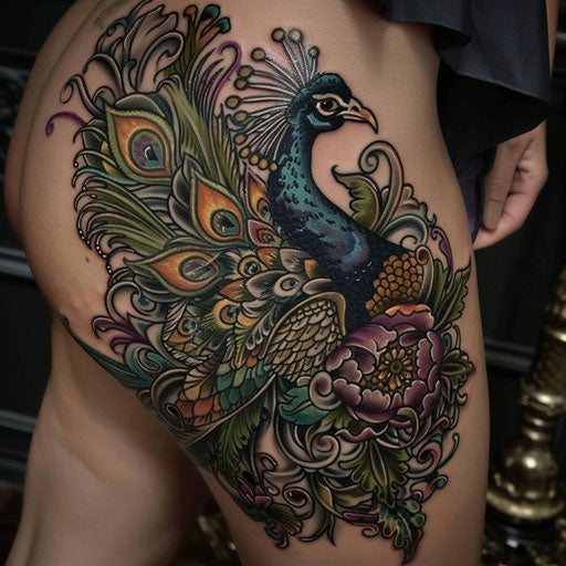 Stylish thigh tattoo of peacock in J.P. Targete style