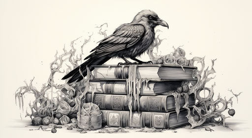 Crow on books in skull style, detailed character