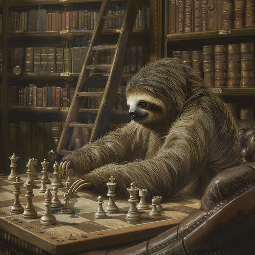 A sloth playing chess in a quiet library