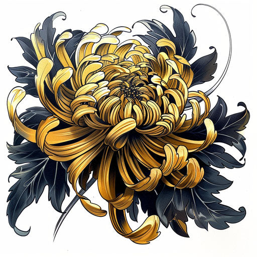 Art deco tattoo illustration of a chrysanthemum, November birth flower