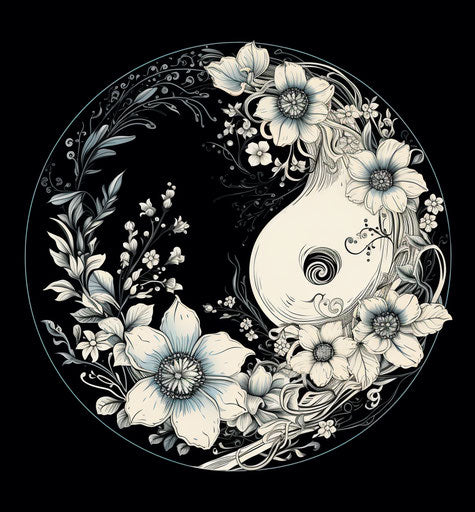 Black and white floral yin yang logo in white circle