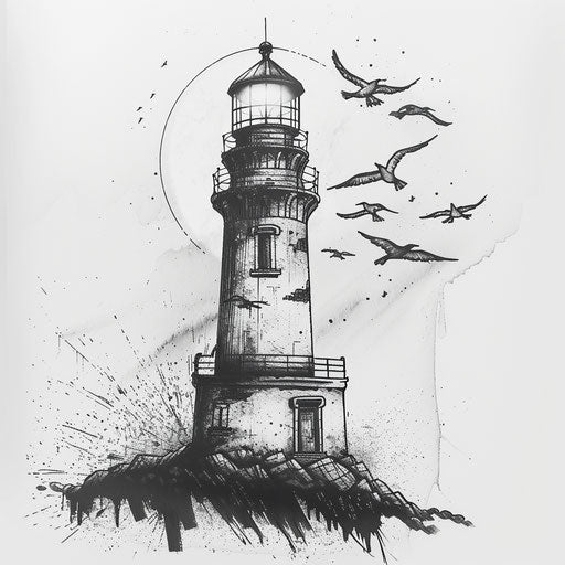 Black ink lighthouse sketch on white canvas