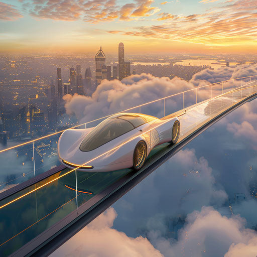 Futuristic electric car on a glass bridge above the clouds