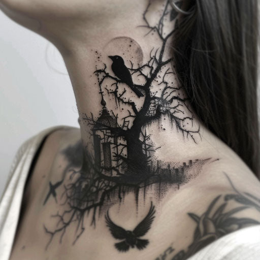 Neck tattoos for women in the style of Humberto Ramos with dynamic action scenes