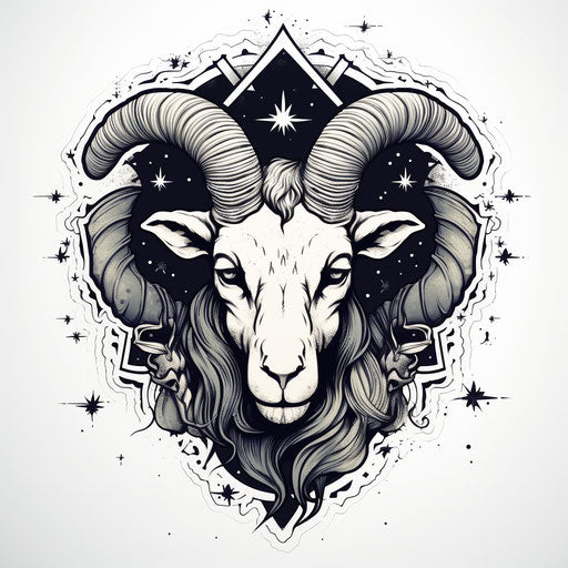Zodiac tattoo with goat head and stars, in the style of commission for, floralpunk, sketchy