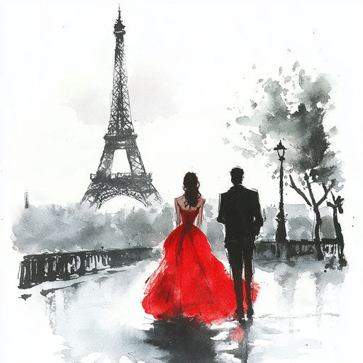 Watercolor painting of Paris, with lovers in front of the Eiffel Tower