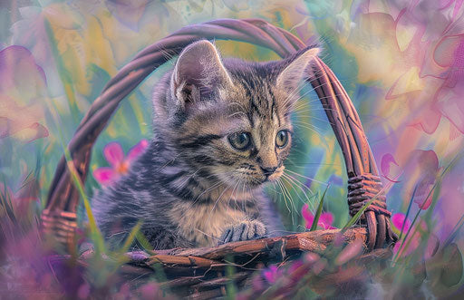 Kitten on basket in grass, flower power