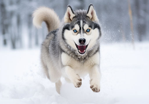 A running husky in the snow